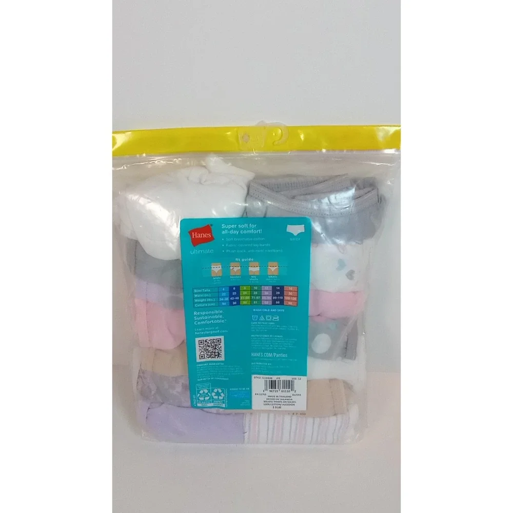 Hanes Ultimate Girls 14 Pack Tagless Briefs Underwear Multicolor Cotton Size 12